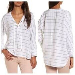 Rails Lily Positano Stripe Linen Blend Top Size M Medium White Blue Women's S